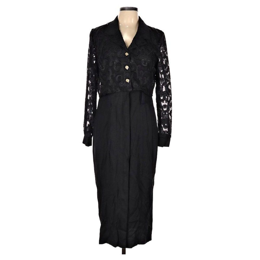 Vintage 90s Ultra Cocktail Dress Midi Sheer Lace Black Gold Whimsigoth Size 10